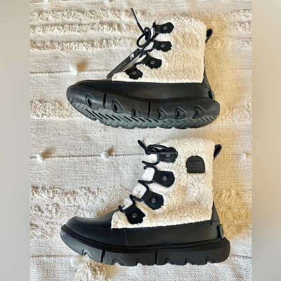 Sorel Women's Explorer II Joan Cozy Black White Sea Salt Boots size 6 - Picture 8 of 10